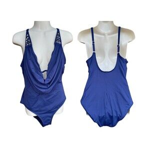 Coastal Zone Navy Cowl Neck One Piece Swimsuit Crystal Straps Glam Size 16